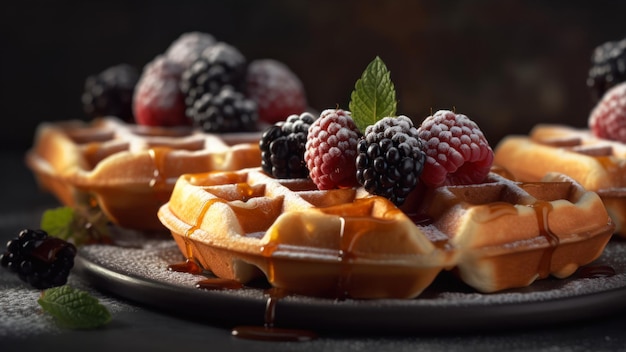 Eine Waffel mit Brombeeren und Brombeeren darauf