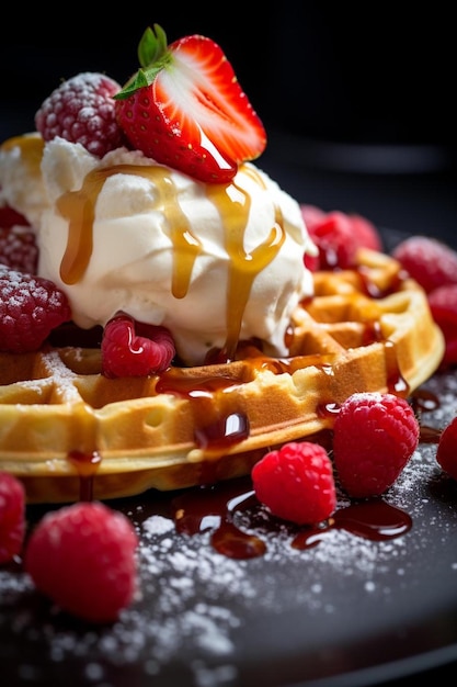 eine Waffel mit Himbeeren und Schlagsahne