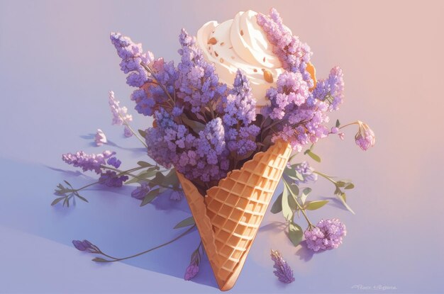 Eine Waffeltüte gefüllt mit Eiscreme und lila Blumen, generatives KI-Bild