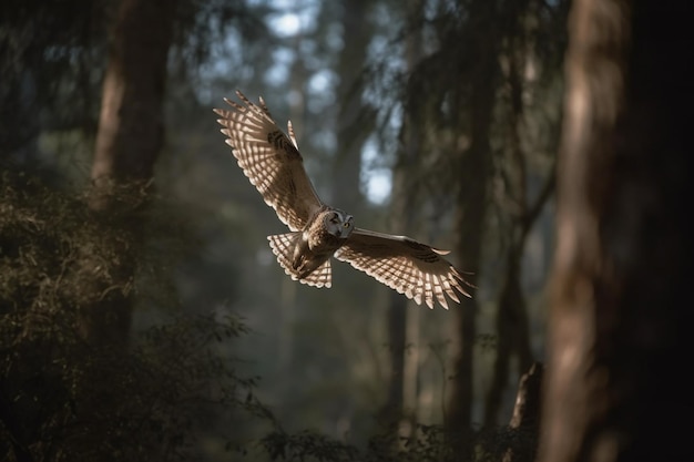 Eine Waldkauz fliegt mit weit ausgebreiteten Flügeln durch den Wald.