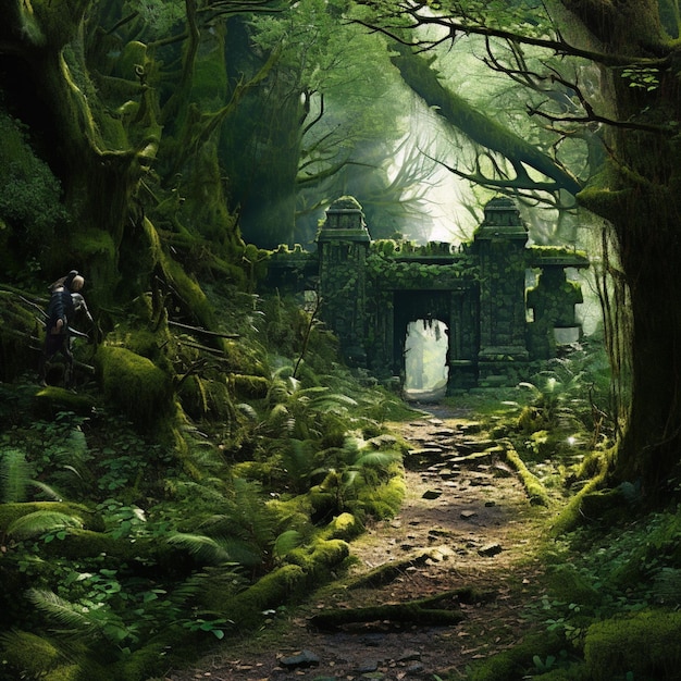 Eine Waldszene mit einem Steingebäude und einem Mann, der im Wald steht.