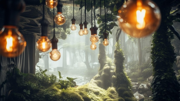 Eine Waldszene mit Glühbirnen, die von der Decke hängen