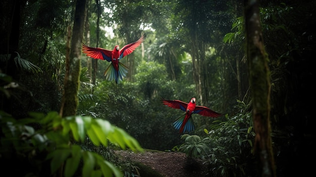 Eine Waldszene mit zwei in der Luft fliegenden Aras.