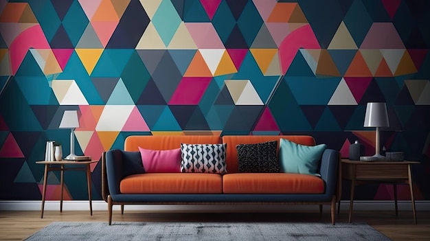 Eine Wand aus bunten geometrischen Formen ist eine farbenfrohe Tapete mit einer Couch und einer bunten Tapete.