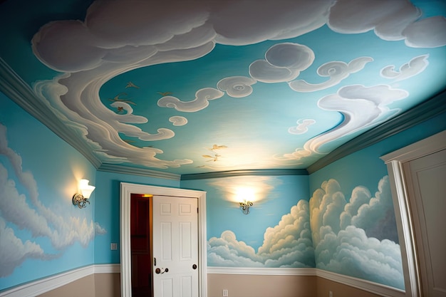 Eine Wand aus skurrilen Wolken an der Decke sorgt für eine einzigartige und verspielte Note