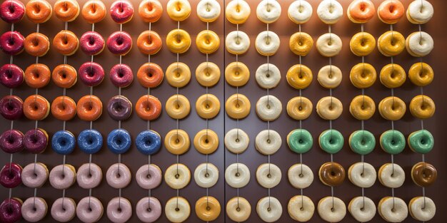 Eine Wand aus verschiedenfarbigen Donuts, einer davon mit der Aufschrift „Donuts“.