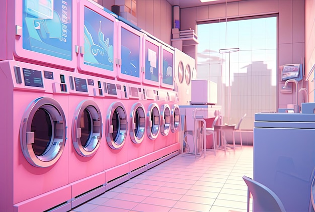 eine Wand aus Waschmaschinen in einem modernen Badezimmer im Stil der Kawaii-Ästhetik