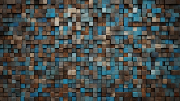 Eine Wand mit blauen und braunen Holzfliesen