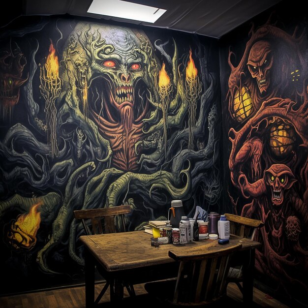 Eine Wand mit einem Monster und einer Kerze darauf
