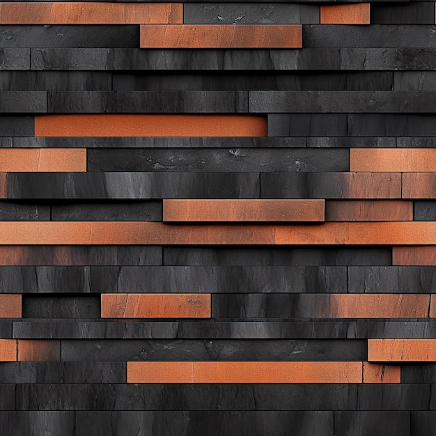 eine Wand mit einem schwarzen und orangefarbenen Design mit einem Holzrahmen.