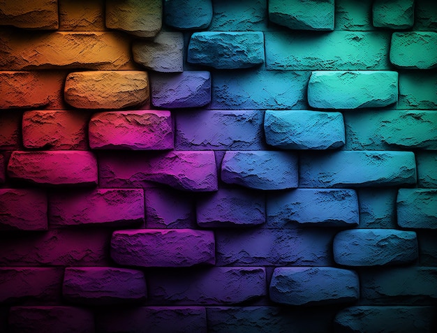 Eine Wand mit einer regenbogenfarbenen Backsteinmauer.