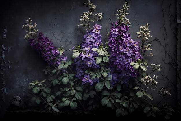 Eine Wand mit lila Blüten und grünen Blättern