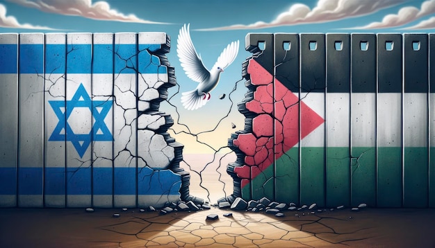 Eine Wand mit Rissen, auf deren beiden Seiten die Flaggen Israels und Palästinas aufgemalt sind und in deren Mitte eine Taube fliegt, die die Sehnsucht nach Frieden inmitten der von KI generierten Spaltung symbolisiert