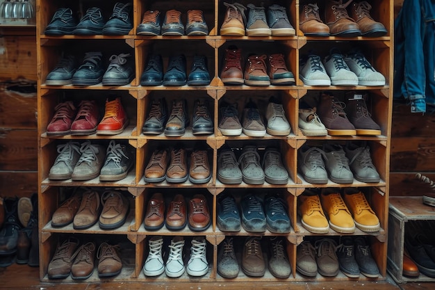 Eine Wand mit Schuhen im Laden Es gibt viele verschiedene Schuhe auf den Regalen
