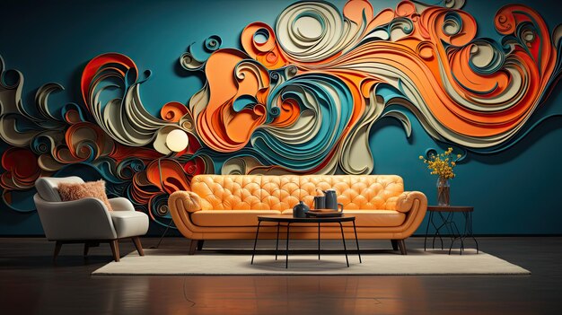 eine Wand voller bunter Kunst mit einer Couch und einer Couch.