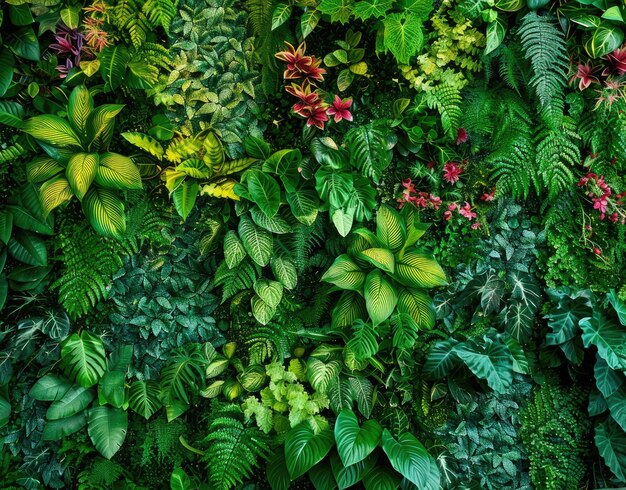 eine Wand voller Pflanzen und Blumen in verschiedenen Farben