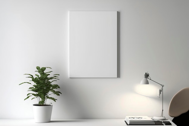 Eine Wandkunst-Mockup-Fotografie. Weißer Hintergrund. Minimalistisches Homeoffice. Pflanzen. Generative KI.