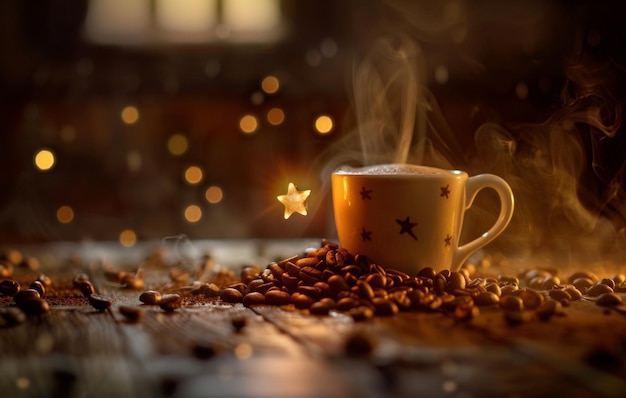 Eine warme, einladende Tasse Kaffee strahlt Dampf auf einem rustikalen Holztisch inmitten von verstreuten Kaffeebohnen mit einem Bokeh-Licht-Hintergrund aus