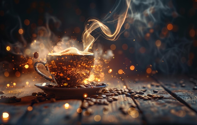 Eine warme, einladende Tasse Kaffee strahlt Dampf auf einem rustikalen Holztisch inmitten von verstreuten Kaffeebohnen mit einem Bokeh-Licht-Hintergrund aus