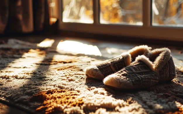 Eine warme und einladende Szene mit Pantoffeln auf einem Teppich in der Nähe eines sonnenscheinenden Fensters
