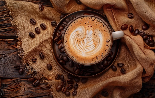 Eine warme und einladende Tasse Latte auf einer Untertasse, umgeben von Kaffeebohnen, die Dampf ausstrahlen, gegen einen weichen, texturvollen Hintergrund