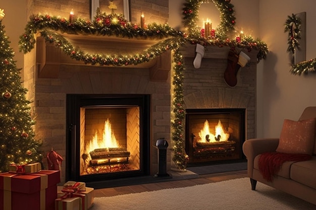 Foto eine warme und gemütliche weihnachtskaminszene mit strümpfen hängt an einem geschmückten weihnachtsbaum