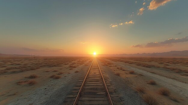 Foto eine warme wüstenbahn, die sich bis zum sonnenuntergang erstreckt und die reise und erforschung symbolisiert