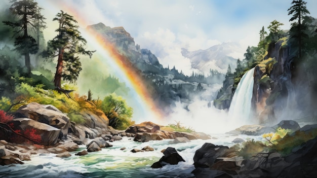 Eine Wasserfarbe eines brüllenden Wasserfalls mit einem Regenbogen im Nebel AI Generative