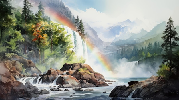 Eine Wasserfarbe eines brüllenden Wasserfalls mit einem Regenbogen im Nebel AI Generative