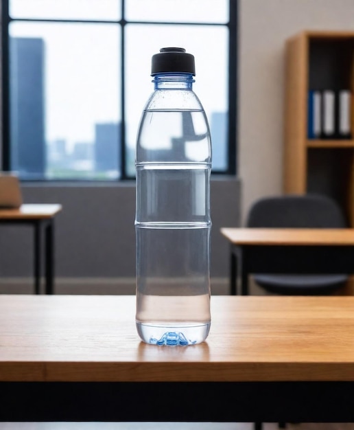 eine Wasserflasche sitzt auf einem Holztisch vor einem Fenster