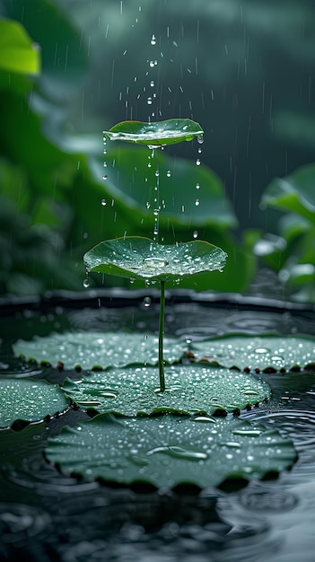 Eine Wasserlilie, die auf einem Teich schwimmt, auf der Regentropfen fallen und ein grüner, laufiger Hintergrund