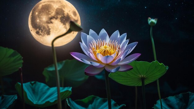 Eine Wasserlilie und Sonnenlicht reflektieren auf der Wasseroberfläche