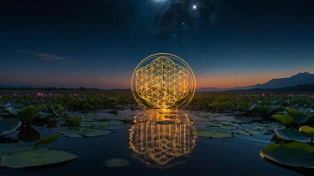 Eine Wasserlilie und Sonnenlicht reflektieren auf der Wasseroberfläche