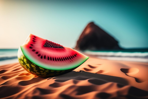 Eine Wassermelone im Sand mit einem blauen Himmel im Hintergrund