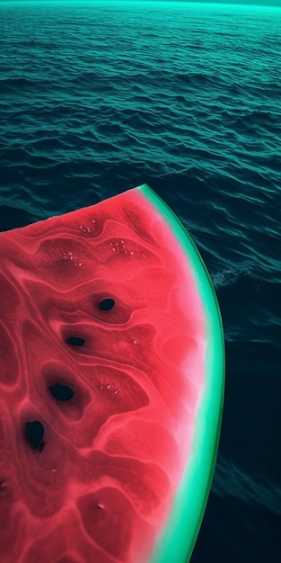 Eine Wassermelone ist im Wasser und das Wasser ist blau.