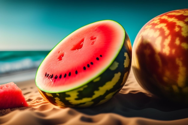 Eine Wassermelone liegt an einem Strand mit einem blauen Himmel im Hintergrund.