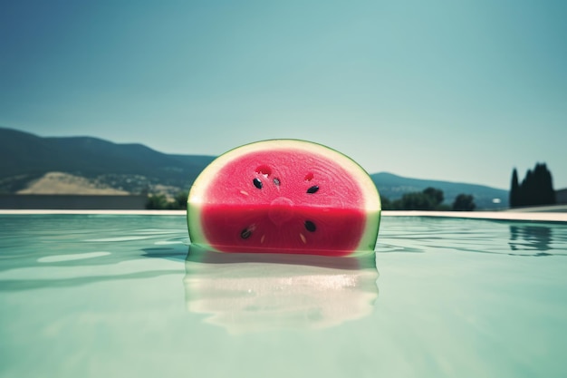 Foto eine wassermelone schwimmt in einem pool mit bergen im hintergrund.