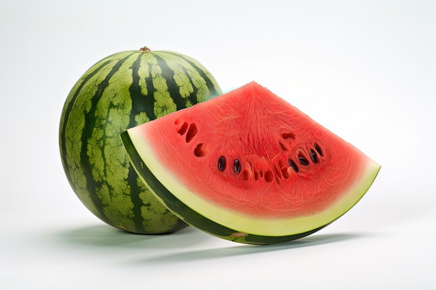 Eine Wassermelone und ein Stück Wassermelone auf einem weißen Hintergrund generative KI