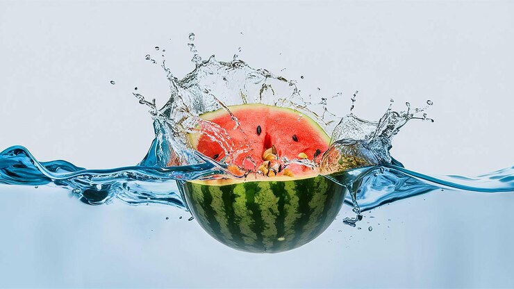 Eine Wassermelone wird mit Wasser besprüht