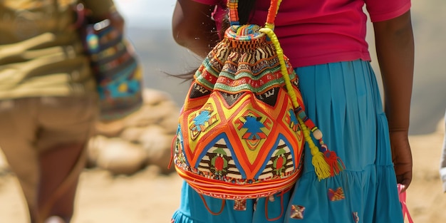 Eine Wayuu-Frau mit einer traditionellen Mochila-Tasche