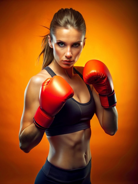 eine weibliche Boxerin mit einem Boxhandschuh auf einem orangefarbenen Hintergrund eine hübsche junge weibliche Bokserin