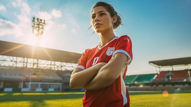 eine weibliche Fußballspielerin trägt ein rotes Trikot mit der Nummer 7 auf der Vorderseite