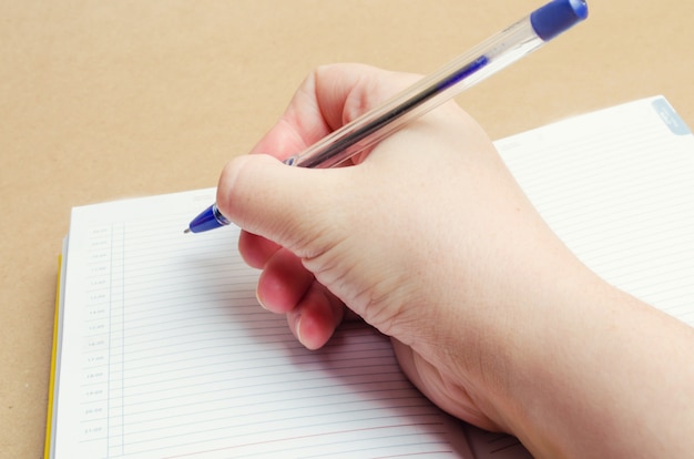 Eine weibliche Hand schreibt in ein Notizbuch und macht Notizen, Pläne für den Tag, Einkaufsliste, Nahaufnahme