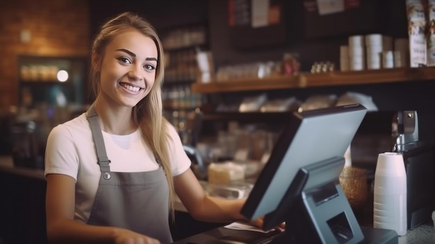 Eine weibliche Kassiererin Porträt eines lächelnden Händlers verwendet das Touchpad, um Kundenzahlungen zu akzeptieren Kleingeschäftscafé Cafeteria Kassierer, der im Laden arbeitet