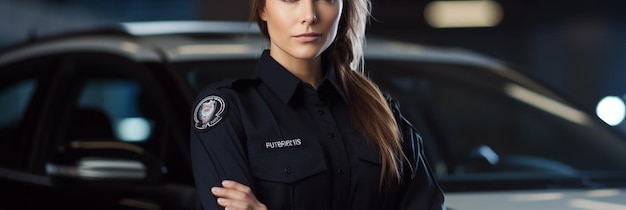 eine weibliche Polizistin trägt eine schwarze Uniform mit dem Wort " auf.