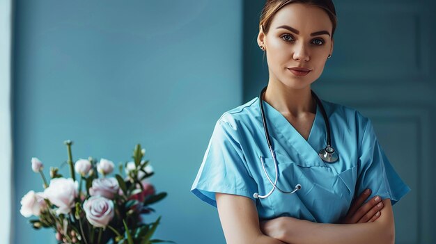 eine weibliche Ärztin mit einem Stethoskop am Hals steht vor einer blauen Wand