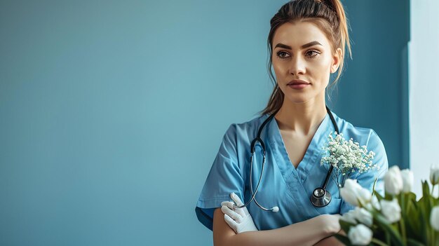 eine weibliche Ärztin mit einem Stethoskop und Blumen in ihren Armen