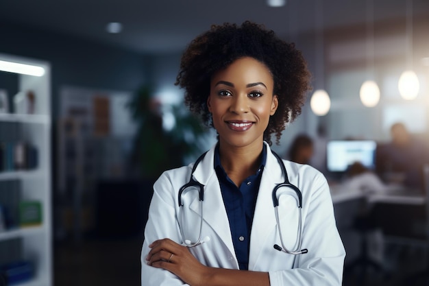 Eine weibliche Ärztin mit lockigem Haar und afroamerikanischem Aussehen in einem weißen Mantel lächelt