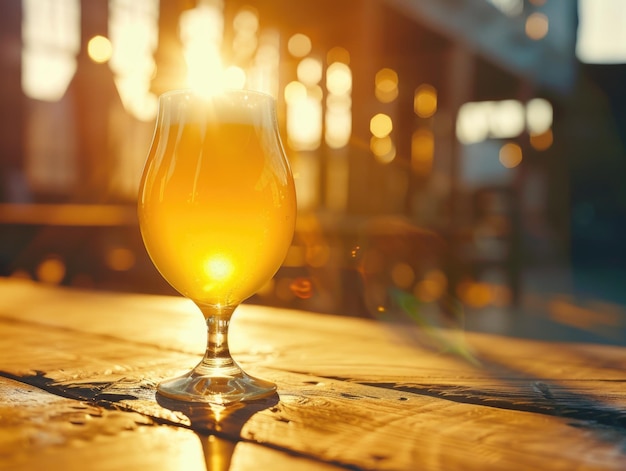 Eine weiche Hintergrundbeleuchtung hebt ein Glas Bier hervor, das auf einem Holztisch liegt