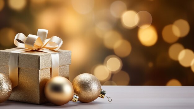 Eine Weihnachts-Geschenkbox, die mit goldenen Schmuckstücken gegen einen festlichen Bokeh-Hintergrund geschmückt ist